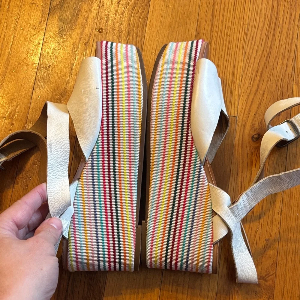 Lucky Brand Cream Multicolor Striped Wedge Wrap Strap Sandals Sz 6